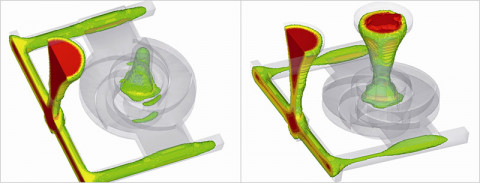 On the left: Closed riser and cored hub design – Shrink pocket shown in wear ring. On the right: Open riser, solid hub design – No shrink pocket in wear ring.