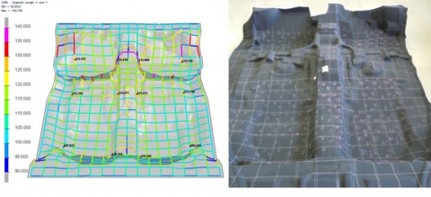 Comparaison entre la grille simulée avec ESI PAM-COMPOSITES (à gauche) et la grille physique (à droite) d’un tapis de sol automobile synthétique