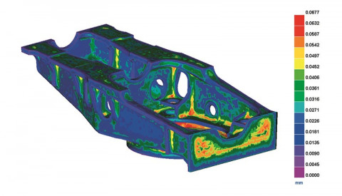 Bonne corrélation de la microstructure entre la simulation et la pièce réelle. Cette prédiction définit alors les propriétés mécaniques finales du composant (châssis d’une éolienne en fonte). Courtoisie : Tecnalia.